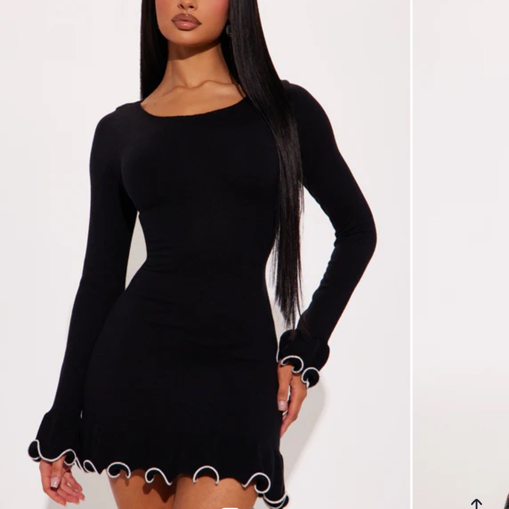 Fashion Nova Black Long Sleeve Dress with Scalloped Hem